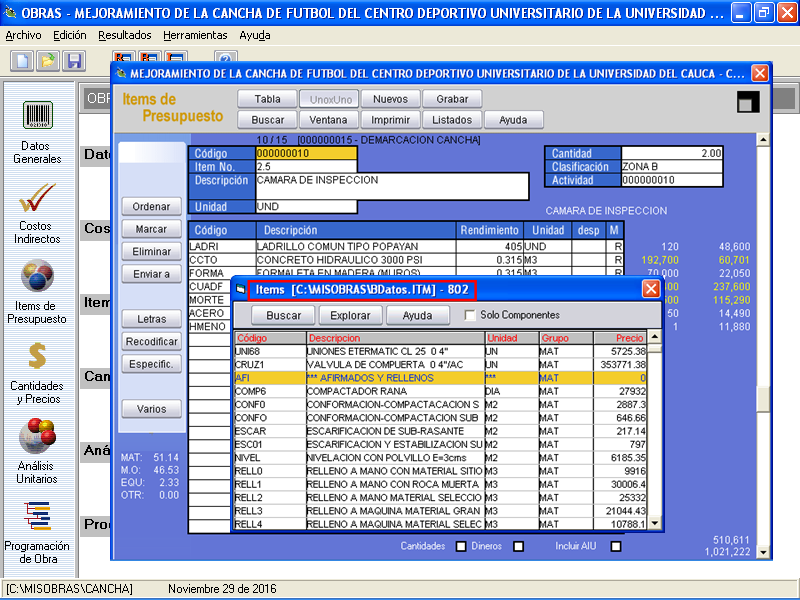importe análisis unitarios desde la base de datos
